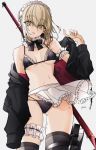  1girl absurdres apron artoria_pendragon_(all) artoria_pendragon_(swimsuit_rider_alter) bare_shoulders bikini black_bikini black_legwear black_neckwear blonde_hair bow bowtie braid breasts collarbone commentary_request eyebrows_visible_through_hair fate/grand_order fate_(series) frills from_below highres jacket looking_at_viewer maid maid_bikini maid_cap maid_headdress medium_breasts mismatched_legwear navel off_shoulder osanai short_hair signature simple_background solo swimsuit thigh-highs water weapon weapon_on_back white_background white_neckwear yellow_eyes 