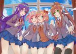  4girls :d :o ;d black_legwear blue_eyes blue_skirt blue_sky bow brown_hair clouds commentary day doki_doki_literature_club english_commentary eyebrows_visible_through_hair green_eyes grey_jacket hair_bow hair_ribbon hand_holding indoors interlocked_fingers jacket long_hair looking_at_viewer monika_(doki_doki_literature_club) multiple_girls natsuki_(doki_doki_literature_club) one_eye_closed open_clothes open_jacket open_mouth pink_eyes pink_hair pleated_skirt ponytail purple_hair red_bow ribbon sayori_(doki_doki_literature_club) school_uniform short_hair skirt sky smile thigh-highs two_side_up very_long_hair violet_eyes white_ribbon window xhunzei yuri_(doki_doki_literature_club) 