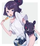  1girl alternate_costume bangs bare_arms bare_shoulders black_hair blue_eyes blush breasts dango dot_nose eyebrows_visible_through_hair fate/grand_order fate_(series) fine_art_parody food hair_ornament hairclip holding holding_food kanagawa_okinami_ura katsushika_hokusai_(fate/grand_order) looking_at_viewer medium_breasts octopus parody shirt short_hair simple_background solo totatokeke wagashi white_shirt 