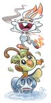  black_eyes blue_eyes commentary creature creatures_(company) curlypie english_commentary fire flame full_body game_freak gen_8_pokemon grookey nintendo no_humans pokemon pokemon_(creature) pokemon_on_head rabbit scorbunny signature sobble standing water 