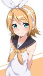  1girl absurdres adapted_costume bangs bare_shoulders black_sailor_collar blonde_hair blue_eyes blush brown_background closed_mouth collarbone commentary_request dress eyebrows_visible_through_hair hair_between_eyes hair_ornament hair_ribbon hairclip headset highres kagamine_rin kohakope long_hair neckerchief ribbon sailor_collar sailor_dress sleeveless sleeveless_dress smile solo two-tone_background upper_body vocaloid white_background white_dress white_ribbon yellow_neckwear 