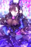  1girl bangs black_dress blurry blurry_foreground blush breasts brown_hair closed_mouth commentary_request depth_of_field dress eyebrows_visible_through_hair fate/grand_order fate_(series) frilled_dress frills hair_between_eyes hair_ornament hand_up kabocha_usagi large_breasts long_hair long_sleeves looking_at_viewer murasaki_shikibu_(fate) sidelocks sleeves_past_wrists solo two_side_up very_long_hair violet_eyes wide_sleeves 