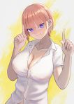  1girl bangs blue_eyes breasts cleavage closed_mouth collared_shirt commentary_request dress_shirt go-toubun_no_hanayome gomashiwo_o hair_between_eyes index_fingers_raised large_breasts looking_at_viewer nakano_ichika pink_hair shirt short_hair short_sleeves smile solo white_shirt 