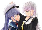  2girls azur_lane bangs black_coat black_neckwear blue_hair blush breasts coat collared_shirt commentary_request crying crying_with_eyes_open dressing_another enterprise_(azur_lane) essex_(azur_lane) eye_contact eyebrows_visible_through_hair hair_between_eyes hand_on_another&#039;s_face hat long_hair looking_at_another multiple_girls necktie red_neckwear schreibe_shura shirt simple_background smile star tears twintails white_background white_hair white_shirt yellow_eyes 