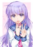  1girl absurdres angel_beats! bangs eyebrows_visible_through_hair highres irie_(angel_beats!) key_(company) long_hair long_sleeves looking_at_viewer open_eyes open_mouth purple_hair shirt simple_background solo v very_long_hair violet_eyes white_shirt zuzuhashi 