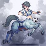  1girl abs ball bangs breasts centaur fengmo fingerless_gloves full_body gloves grey_hair hooves horse_tail large_breasts midriff monster_girl navel open_mouth original pointy_ears short_hair short_sleeves soccer soccer_ball soccer_uniform solo sportswear tail violet_eyes 