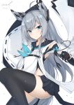  1girl animal_ears azur_lane bangs black_gloves black_legwear black_skirt blue_eyes blue_neckwear breasts dated expressionless eyebrows_visible_through_hair gloves grey_hair hand_up kawakaze_(azur_lane) leg_up long_hair neckerchief pleated_skirt shirt sidelocks signature skirt small_breasts solo thigh-highs unel very_long_hair white_shirt wide_sleeves wind 