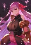  1girl bangs belt belt_collar black_legwear blunt_bangs breasts closed_mouth collar commentary_request dolce_(dolsuke) eyebrows_visible_through_hair fate/grand_order fate_(series) hair_ribbon highres huge_breasts long_hair looking_at_viewer pantyhose passion_lip purple_hair red_ribbon ribbon sitting smile solo violet_eyes 