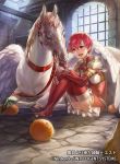  1girl armor boots breastplate company_name copyright_name dress elbow_gloves est fire_emblem fire_emblem:_mystery_of_the_emblem fire_emblem_cipher fire_emblem_echoes:_mou_hitori_no_eiyuuou food fruit gloves headband horse indoors miniskirt nintendo official_art open_mouth orange pegasus pegasus_knight pink_eyes pink_hair short_hair shoulder_armor sitting skirt smile solo thigh-highs thigh_boots uroko_(mnr) white_skirt window wings zettai_ryouiki 