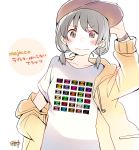  1girl adjusting_clothes adjusting_hat bangs baseball_cap black_hair blush brown_eyes commentary_request hand_on_hip hat hood hood_down hooded_jacket jacket long_sleeves looking_at_viewer low_twintails original print_shirt shirt short_twintails signature simple_background solo t-shirt taneda_yuuta translation_request twintails upper_body watch watch wavy_mouth white_background white_shirt yellow_jacket 