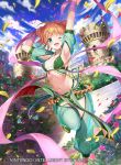  1girl bell bracelet breasts castle cleavage clouds double_bun fire_emblem fire_emblem:_fuuin_no_tsurugi fire_emblem_cipher flower green_eyes jewelry kousei_horiguchi lalum leaf midriff navel necklace nintendo official_art one_eye_closed open_mouth orange_hair petals rose sky solo sparkle stairs 
