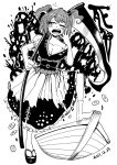  1girl bare_legs blackcat_(pixiv) blush blush_stickers boat bored breasts cleavage coin dated drooling eyebrows_visible_through_hair geta greyscale hair_between_eyes hair_ornament highres monochrome no_bra one_eye_closed onozuka_komachi open_mouth phantasmagoria_of_flower_view saliva scythe shoes short_hair short_sleeves short_twintails sickle single_shoe skirt skull skull_pile sleepy tabi touhou twintails watercraft white_legwear yawning 