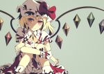  1girl blonde_hair bloomers bow closed_mouth dise eyebrows_visible_through_hair feet_out_of_frame fingernails flandre_scarlet hair_bow hat hat_bow hat_ribbon highres knees_up legs looking_at_viewer medium_hair nail_polish puffy_sleeves red_eyes red_nails red_ribbon red_skirt red_vest ribbon simple_background sitting skirt smile solo touhou underwear vest white_bloomers white_headwear white_legwear wings wrist_cuffs yellow_bow 