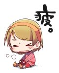  &gt;_&lt; 1girl blush brown_hair chibi commentary_request hairband heavy_breathing jacket koizumi_hanayo long_pants love_live! love_live!_school_idol_project open_mouth orange_footwear pants pink_jacket red_pants shoes short_hair simple_background sitting solo stretch sweatdrop taneda_yuuta track_jacket track_pants track_suit translated wavy_mouth white_background 