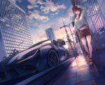  1girl :p arm_up baseball_cap braid brown_hair building car city clouds dutch_angle green_eyes ground_vehicle hand_on_own_head hat highres koh_(minagi_kou) lamppost long_hair looking_at_viewer motor_vehicle navel original outdoors pavement railing reflection shorts solo sunset tokyo_tower tongue tongue_out toyota_supra twin_braids walking 