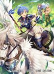  1girl 2boys arm_guards armor bangs bare_shoulders blue_eyes blue_hair breastplate cape commentary_request company_connection copyright_name crossed_arms day dieck fire_emblem fire_emblem:_fuuin_no_tsurugi fire_emblem_cipher grass green_hair headband holding holding_weapon multiple_boys muscle nagahama_megumi nintendo official_art open_mouth outdoors pants pegasus pegasus_knight polearm redhead roy_(fire_emblem) scar short_hair short_sleeves shoulder_armor skirt smile spear thany_(fire_emblem) thigh-highs weapon white_skirt zettai_ryouiki 