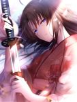  1girl bangs brown_hair eyebrows_visible_through_hair japanese_clothes kara_no_kyoukai katana kimono long_hair long_sleeves looking_at_viewer multicolored multicolored_eyes okakasushi parted_lips patterned_clothing petals ryougi_shiki smile solo sword upper_body weapon yukata 