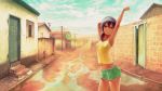  1girl :o arm_behind_head armpits arms_up bangs bare_arms bare_shoulders black_hair blue_sky breasts brick_wall camisole cityscape clouds cloudy_sky collarbone commentary dark_skin day door eyebrows_visible_through_hair green_shorts hair_between_eyes highres house long_hair low_ponytail midriff navel open_door original outdoors parted_lips red_eyes road short_shorts shorts sky small_breasts solo standing street stretch window yellow_camisole yoka1chi 