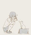  /\/\/\ 1girl animal blush box bracelet cat collared_shirt commentary from_side frown holding jewelry kneehighs loafers looking_at_animal miniskirt monochrome notice_lines original paw_up pleated_skirt school_uniform shirt shoes short_hair short_sleeves skirt solo squatting sweatdrop taneda_yuuta 