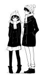  1boy 1girl bag bangs beanie blush boots coat full_body greyscale hand_in_pocket hands_in_pockets hat high_contrast long_hair long_sleeves looking_at_another miniskirt monochrome original pants pantyhose scarf shoes simple_background skirt standing taneda_yuuta white_background winter_clothes 