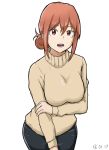  1girl absurdres bow breasts calendarv denim hair_bow highres jeans looking_at_viewer open_mouth orange_eyes orange_hair pants short_hair simple_background solo sweater turtleneck turtleneck_sweater white_background yahari_ore_no_seishun_lovecome_wa_machigatteiru. yuigahama_yui&#039;s_mother 