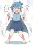  1girl :d absurdres balloon bangs barefoot birthday blue_hair blue_shirt blue_skirt blush_stickers collared_shirt commentary_request full_body highres index_finger_raised labcoat long_sleeves looking_at_viewer open_mouth personification ponytail shirt sidelocks signature skirt smile solo spoken_number standing tsukigi twitter twitter-san twitter-san_(character) yellow_eyes 