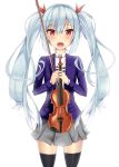  1girl absurdres blazer blush bow fang grey_skirt hair_bow highres instrument jacket kaptivate light_blue_hair long_hair long_sleeves looking_at_viewer necktie open_mouth original red_bow red_eyes red_neckwear skirt solo standing thigh-highs twintails uniform very_long_hair violin 