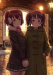  2girls :o blush brown_coat building coat double-breasted earmuffs fur_collar green_coat green_eyes hand_in_pocket hands_together highres kazuno_leah kurosawa_ruby lamppost long_sleeves looking_at_viewer love_live! love_live!_sunshine!! miniskirt mittens multiple_girls night outdoors papi_(papiron100) pleated_skirt purple_hair red_eyes redhead signature skirt smile snow snowing twintails two_side_up winter winter_clothes 