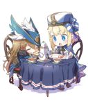  2girls azur_lane bag blonde_hair blue_eyes blue_headwear braid brown_hair cape chair chibi closed_eyes coat codeblueocean cup eating eyebrows_visible_through_hair food food_theft fork gloves hair_ribbon hardy_(azur_lane) hat hunter_(azur_lane) knife long_hair long_sleeves military_hat multiple_girls neckerchief open_mouth plate ribbon satchel short_hair sitting table tablecloth teacup teapot tricorne white_gloves 