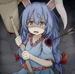  1girl animal_ears arrow arrow_in_body blood blood_stain blue_dress blue_hair commentary_request dress dripping ear_clip holding_mallet injury kine long_hair looking_at_viewer looking_up low-tied_long_hair neko_mata open_mouth rabbit_ears red_eyes scared seiran_(touhou) shaded_face short_sleeves solo tears touhou wide-eyed 