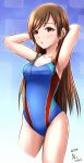  1girl arms_behind_head arms_up artist_name blue_background blue_swimsuit brown_eyes brown_hair chestnut_mouth collarbone commentary_request competition_swimsuit cowboy_shot dated gradient gradient_background h2_(h20000000) highres idolmaster idolmaster_cinderella_girls idolmaster_cinderella_girls_starlight_stage long_hair nitta_minami one-piece_swimsuit solo standing swimsuit 