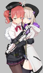  2girls aa-12_(girls_frontline) absurdres ahoge blue_eyes bow bowtie brown_eyes candy food food_in_mouth fur_collar girls_frontline grey_hair hayarob highres hood hooded_jacket hoodie hug jacket mp7_(girls_frontline) multiple_girls pantyhose pink_hair shorts skirt thigh-highs woollen_cap 