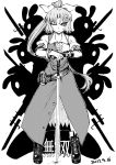  1girl animal_ears ankle_boots bayonet belt blackcat_(pixiv) boots bow bracelet collared_shirt cracked_floor cross-laced_footwear dated dress frown greyscale gun hair_bow highres jewelry lace-up_boots long_dress long_hair looking_at_viewer monochrome one_eye_closed pose rabbit rabbit_ears rifle serious shadow shirt short_hair_with_long_locks short_sleeves silhouette sword touhou translation_request v-shaped_eyebrows watatsuki_no_yorihime weapon 