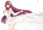  1girl absurdres bangs bare_shoulders blush breasts bridal_veil detached_sleeves dress eyebrows_visible_through_hair girls_frontline hair_ribbon heart highres large_breasts long_hair looking_at_viewer mapyarong one_side_up open_mouth purple_hair red_eyes ribbon simple_background smile solo veil very_long_hair wa2000_(girls_frontline) wedding_dress white_dress 