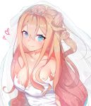  1girl bangs bare_shoulders blonde_hair blush breasts bridal_veil cleavage closed_mouth collarbone commentary dress eyebrows_visible_through_hair fang fang_out girls_frontline hair_between_eyes heart highres large_breasts long_hair meow_nyang see-through simple_background smile solo strapless strapless_dress suomi_kp31_(girls_frontline) tiara veil very_long_hair wedding_dress white_background white_dress 