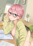  1girl absurdres bangs blue_bra blue_eyes blurry_foreground blush book bookshelf bra breasts brown-framed_eyewear cardigan cleavage closed_mouth collarbone curtains desk eraser glasses go-toubun_no_hanayome green_cardigan green_skirt hair_between_eyes highres homework indoors kongbai large_breasts lips long_sleeves looking_at_viewer mechanical_pencil nakano_ichika open_cardigan open_clothes pencil pencil_case picture_(object) pink_hair plant potted_plant short_hair sitting skirt skirt_removed smile solo underwear upper_body window 