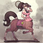  1girl ball bangs brown_hair centaur fengmo full_body halterneck hand_on_hip hooves horse_tail leg_up looking_at_viewer monster_girl off_shoulder original over_shoulder pink_shirt pointy_ears ponytail racket shirt smile solo sportswear tail tennis tennis_ball tennis_racket 