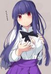  ... 1girl bangs black_bow black_neckwear blue_hair blush bow bowtie breasts character_request cleavage commentary_request eyebrows_visible_through_hair fate/grand_order fate_(series) grey_background hair_ornament hand_on_own_breast long_hair long_sleeves looking_at_viewer ponytail purple_skirt red_eyes shirt shiseki_hirame skirt solo white_shirt 