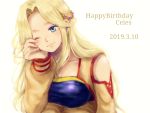  1girl 2019 ;) aqua_eyes blonde_hair breasts celes_chere closed_mouth collarbone dated final_fantasy final_fantasy_vi fingernails hair_intakes hand_on_own_face hand_up happy_birthday ichi_(pixiv6373491) long_hair long_sleeves medium_breasts one_eye_closed simple_background smile solo straight_hair white_background 