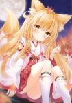  1girl animal_ear_fluff animal_ears autumn_leaves bangs blonde_hair blurry blurry_background blush braid brown_eyes closed_mouth commentary_request depth_of_field eyebrows_visible_through_hair feet_out_of_frame fox_ears fox_girl fox_tail full_moon hair_between_eyes hand_up holding holding_leaf japanese_clothes kata_rosu kimono kneehighs knees_up leaf leaf_on_head long_hair long_sleeves looking_at_viewer maple_leaf moon night night_sky obi original outdoors pleated_skirt red_skirt sash single_braid sitting skirt sky sleeves_past_wrists solo tail tail_raised very_long_hair white_kimono white_legwear wide_sleeves 