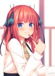  1girl :s bangs blue_eyes blunt_bangs blurry blurry_background blush book closed_mouth eyebrows_visible_through_hair go-toubun_no_hanayome hair_ribbon highres long_hair long_sleeves looking_at_viewer mechanical_pencil mutsuba_fumi nakano_nino open_book pencil redhead ribbon shirt solo white_shirt 