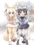  2girls animal_ear_fluff animal_ears blonde_hair blush bow bowtie brown_eyes center_frills commentary_request common_raccoon_(kemono_friends) elbow_gloves extra_ears eyebrows_visible_through_hair fangs fennec_(kemono_friends) fox_ears fox_tail full_body fur_trim gloves grey_hair hands_on_hips highres kemono_friends kolshica multicolored_hair multiple_girls open_mouth pantyhose pleated_skirt puffy_short_sleeves puffy_sleeves raccoon_ears raccoon_tail short_hair short_sleeves skirt tail thigh-highs white_hair zettai_ryouiki 