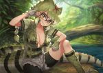 1girl :3 adjusting_hair bike_shorts bike_shorts_under_shorts boots braid breasts cleavage collarbone commentary crocodile_tail day eyebrows_visible_through_hair fingerless_gloves glasses gloves green_eyes green_hair grey_shorts guchico hair_ribbon head_tilt kemono_friends knee_boots large_breasts long_hair long_tail looking_at_viewer multicolored_hair nature outdoors over-rim_eyewear red_ribbon ribbon semi-rimless_eyewear short_sleeves shorts sitting slit_pupils smile solo spectacled_caiman_(kemono_friends) spiked_gloves tail twin_braids v-shaped_eyebrows