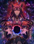  1girl absurdres animal_ears black_hair card commentary darkness death_(granblue_fantasy) earrings english_commentary erune glowing glowing_eyes granblue_fantasy highres jewelry long_hair niia petchduck1 red_eyes tarot tears twitter_username 
