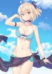 100 1girl absurdres ahoge arm_strap bikini black_bow blonde_hair blue_bikini blush bow breasts clouds cloudy_sky fate_(series) green_eyes hair_bow highres looking_at_viewer medium_breasts navel okita_souji_(fate) okita_souji_(fate)_(all) ribbon short_hair sky solo swimsuit wet 