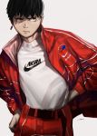  1boy akira black_eyes black_hair casual cowboy_shot english_text fashion highres jacket jewelry long_sleeves male_focus nike open_clothes open_jacket pants pill pill_earrings print_shirt red_jacket red_pants ryoga shirt shirt_tucked_in short_hair single_earring solo white_background white_shirt 