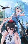  2girls :d arm_up bag bangs black_hair black_neckwear black_ribbon blue_bow blue_eyes blue_hair blue_skirt blue_sky blue_vest blush bow breasts carrying cirno clouds commentary_request crown day eyebrows_visible_through_hair feet_out_of_frame hair_between_eyes hair_bow hand_holding hand_up hat highres ice ice_wings looking_at_viewer medium_breasts multiple_girls neck_ribbon open_mouth outdoors piggyback pointing pointing_at_viewer pointy_ears pom_pom_(clothes) puffy_short_sleeves puffy_sleeves red_eyes red_neckwear red_ribbon ribbon roke_(taikodon) satchel shameimaru_aya shirt short_hair short_sleeves skirt skirt_set sky smile sweat tassel thighs tokin_hat touhou upper_body vest white_shirt wings 