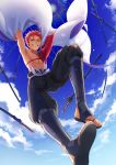  1boy abs black_pants bow clouds colored_eyelashes emiya_shirou falling fate/grand_order fate_(series) from_below grin highres igote katana limited/zero_over male_focus messy_hair orange_hair otama_(atama_ohanabatake) pants sandals shirtless sky smile solo sword waist_bow weapon white_bow yellow_eyes 