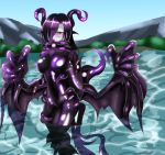  1girl atuba black_hair blush bodysuit breasts claws covered_mouth cthulhu_mythos demon_girl hair_over_one_eye highres horns lake large_breasts monster_girl monster_girl_encyclopedia mountain multicolored_hair night_gaunt_(monster_girl_encyclopedia) pale_skin purple_bodysuit solo succubus tail taut_clothes tentacle violet_eyes wings 