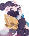  1girl bangs black_hair blue_eyes blush dot_nose dress eyebrows_visible_through_hair fate/grand_order fate_(series) flower hair_flower hair_ornament japanese_clothes katsushika_hokusai_(fate/grand_order) kimono looking_at_viewer short_hair simple_background smile solo totatokeke white_background white_flower 